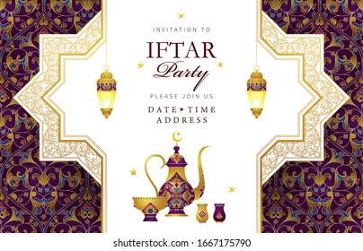 Vector card Iftar Party celebration, invitation. Arabic decoration, coffee mug, stars, crescent for Iftar invitation. Cards for Muslim feast of the holy of Ramadan month. Ramadan Kareem. Eastern style