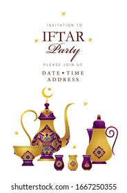 Vector card Iftar Party celebration, invitation. Arabic decoration, coffee mug, stars, crescent for Iftar invitation. Cards for Muslim feast of the holy of Ramadan month. Ramadan Kareem. Eastern style