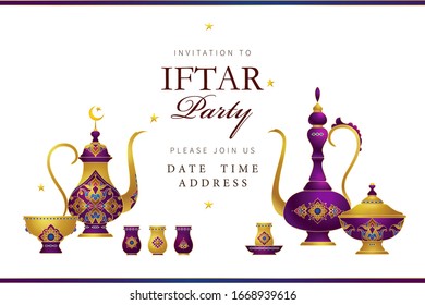 Celebración de la fiesta de Iftar con tarjeta vector. Decoración árabe de tazón de café, estrellas, media luna por invitación de Iftar. Cartas para la fiesta musulmana del mes sagrado del Ramadán. Ramadán Kareem. Estilo oriental