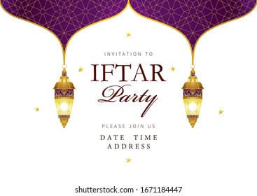 Vector card Iftar Party celebration. Arabic decoration, shining lamps, lanterns, arch, stars for Iftar invitation. Muslim feast of the holy of Ramadan month. Ramadan Kareem. Eastern style