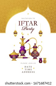 Vector card Iftar Party celebration, invitation. Arabic decoration, coffee mug, arch, crescent for Iftar invitation. Cards for Muslim feast of the holy of Ramadan month. Ramadan Kareem. Eastern style