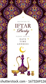 Vector card Iftar Party celebration. Arabic decoration, coffee mug, arch, crescent for Iftar invitation. Cards for Muslim feast of the holy of Ramadan month. Ramadan Kareem. Eastern style