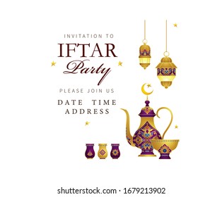 Celebración de la fiesta de Iftar con tarjeta vector. Faros árabes, decoración, tazón de café, farolillos, media luna por invitación de Iftar. Fiesta musulmana del mes sagrado de Ramadán. Ramadán Kareem. Estilo oriental
