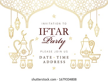 Vector card Iftar Party celebration, invitation. Arabic decoration, coffee mug, arch, crescent for Iftar invitation. Cards for Muslim feast of the holy of Ramadan month. Ramadan Kareem. Eastern style