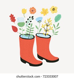 Vector card illustration of Bouquet of flower and falling leaves dot rubber boots. Vector illustration. Autumn composition.