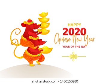 Vector card with a illustration of China Rat zodiac sign, symbol of 2020 on the Chinese calendar. White Metal Rat, chine lucky. Chinese elements for New Year's calendars. Translation: Happy New Year!