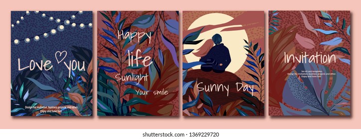 vector card with illustration couple, leaves, flower. Sunset, Tropic design concept. Romantic cute poster, flyer, invite. decorative greeting card or invitation background