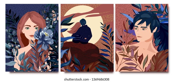 vector card with illustration couple, leaves, flower. Sunset, Tropic design concept. Romantic cute poster, flyer, invite. decorative greeting card or invitation background