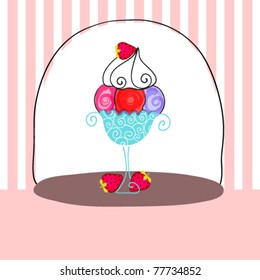 Vector card. Illustration of cute hand drawn style ice cream on striped background