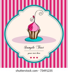 Vector card. Illustration of cute retro cupcake on striped background