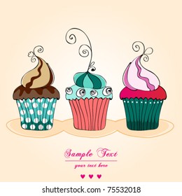 Vector card. Illustration of cute retro cupcakes