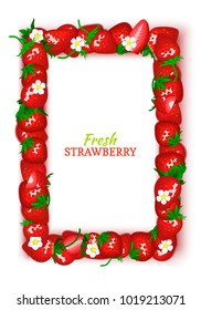 Vector card illustration. Juicy frame composed of delicious strawberry fruit. Rectangle strawberry frame. Ripe fresh berries for design food, juice, jam, ice cream, smoothies, detox, cosmetics cream