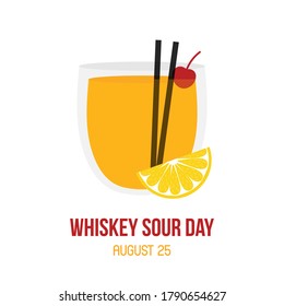 Vector card, illustration for National Whiskey Sour Day celebration with drink in glass with slice of lemon.

