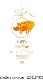 Vector card with a illustration of pig, symbol of 2019 on the Chinese calendar with Сhinese traditional golden pattern. Element for New Year's design.