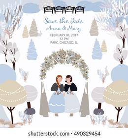 Vector card with illustration of wedding ceremony in the winter garden with lesbians couple and arch. Save the date. Background with a place for your text. Template easily editable.