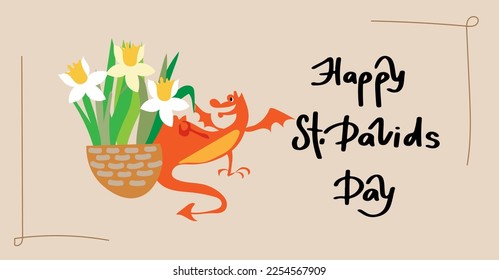 Vector card illustration of Welsh dragons and yellow daffodils for the First of March on St Davids Day