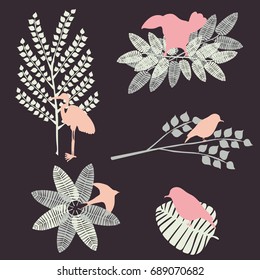 vector card with illustrations of plant leaves and birds. For nature lovers. The theme of the summer. It can be used for packaging, invitations, postcard holiday, fabrics and etc.