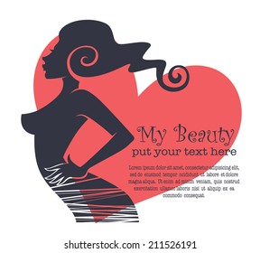 vector card with image of beautiful girl silhouette, pink heart and 