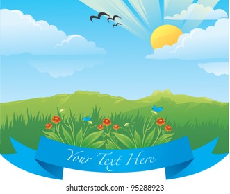 vector card with image of beautiful summer landscape and bright flowers