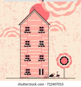 vector card with the image of the building. House and scooter.
  Pink colors can be used for the design of websites, postcards, etc.
