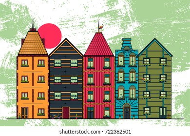 vector card with the image of buildings. Houses in the power of old Europe. abstract background with brush strokes. can be used for the design of websites, postcards, etc.