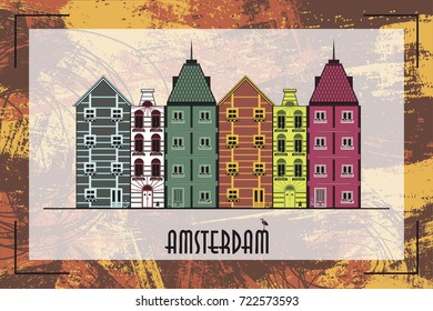 vector card with the image of buildings in the style of old Europe. inscription amsterdam. background of brush strokes.