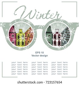 vector card with the image of buildings in the style of old Europe in the mirror glasses. Snowflakes and winter. Can be used in design, advertising, postcards, web sites, logos, etc.