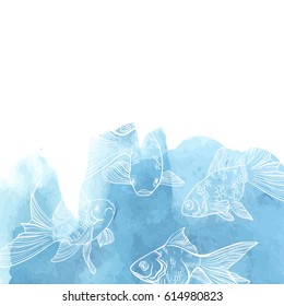 Vector card with image of a fishes. Goldfish and perch. Watercolor background.