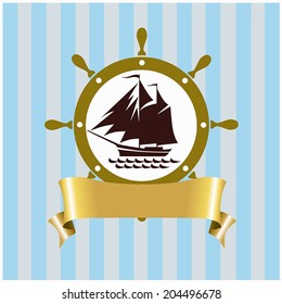 Vector card with the image of marine vessel, the helm with gold ribbon on striped blue background