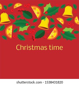 Vector card with the image of a mistletoe leaf, bell and orange slices in flat art style.