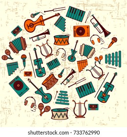 Vector card with the image of musical instruments. theme for music lovers and DJ. Can be used in website design, etc.