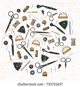 Vector card with the image of tools for sewing. theme for fashion. Can be used in website design, etc.