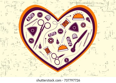 Vector card with the image of tools for sewing in the shape of a heart. theme for fashion. Can be used in website design, etc.