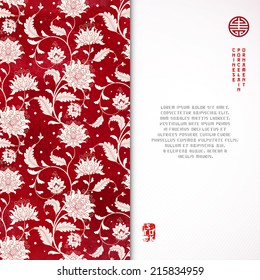 Vector card. Imitation of chinese porcelain painting. Beautiful flowers and red watercolor background. Hand drawing. Place for your text.