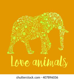 vector card with an Indian elephant. cute floral elephant. summer composition
