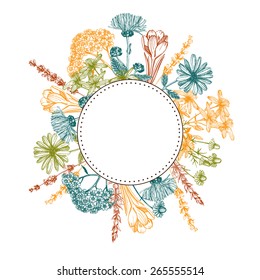 Vector card with  ink hand drawn medical herbs and plants. Vintage circle with herbal flowers illustration.