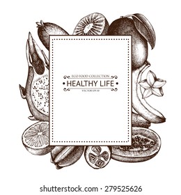 Vector card with ink hand drawn exotic fruits and plants sketch. Vintage frame with tropical fruits illustration isolated on white.