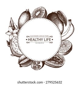 Vector card with ink hand drawn exotic fruits and plants sketch. Vintage frame with tropical fruits illustration isolated on white.