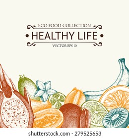 Vector card with ink hand drawn exotic fruits and plants sketch. Vintage frame with tropical fruits illustration.