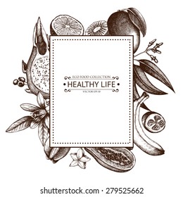 Vector card with ink hand drawn exotic fruits and plants sketch. Vintage frame with tropical fruits illustration isolated on white.