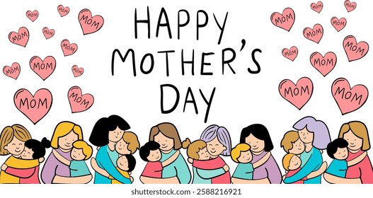 vector card with the inscription happy mother's day in minimalistic drawn doodle style. mothers hugging with their children sons and daughters. hearts mom. pastel rich colors, web background
