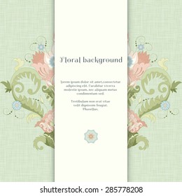 Vector card with insertion for your text. Floral pattern in vintage style. Imitation canvas texture.