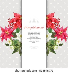 Vector card with insertion for your text. Holly,  hellebore and poinsettia flowers. Norwegian ornament. Christmas collection. 