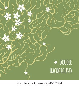 Vector card with an intricate spring pattern of branches and white flowers