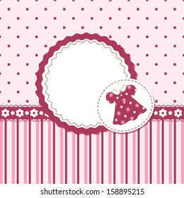 Vector card or invitation for baby girl shower or birthday party with stripes ,dress and  polka dots with white space for text.