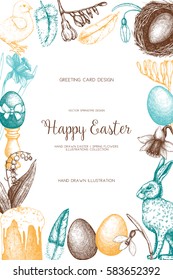 Vector card or invitation design with cute hand drawn illustrations for easter design. Happy Easter Day vintage template.