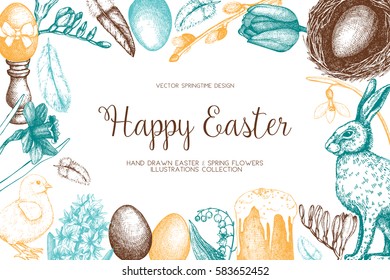 Vector card or invitation design with cute hand drawn illustrations for easter design. Happy Easter Day vintage template.
