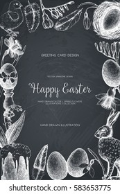 Vector card or invitation design with cute hand drawn illustrations for easter design. Happy Easter Day vintage template on chalkboard