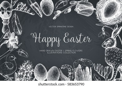 Vector card or invitation design with cute hand drawn illustrations for easter design. Happy Easter Day vintage template on chalkboard