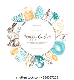 Vector card or invitation design with cute hand drawn illustrations for easter design. Happy Easter Day vintage template on chalkboard